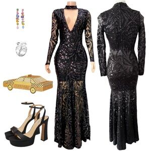 Elegant Black Sequin Evening Gown